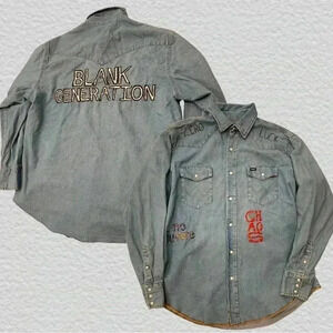 One of a kind hand embroidered reworked punk Wrangler denim pearl snap shirt